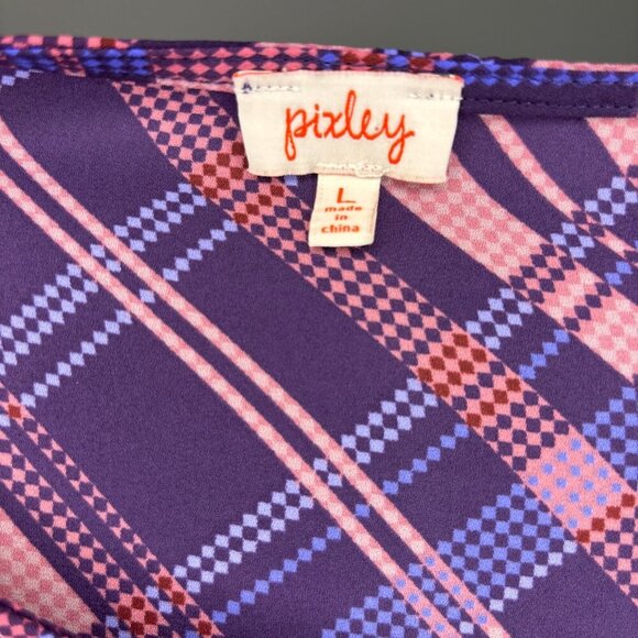 PIXLEY STITCH FIX BRAND Blouse Women L Roll Tab Sleeve Pink Purple Blue Plaid - Picture 5 of 5